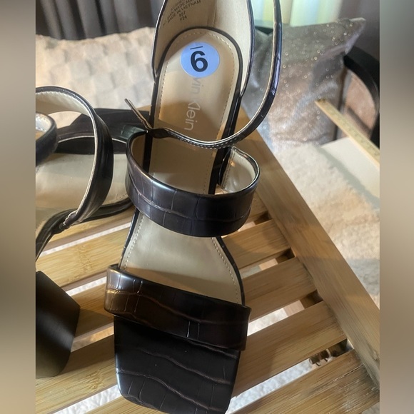 Calvin Klein 9 M, Dark Brown Sheryl Ankle Strap, Block Heel, Squared Toe Sandals - Picture 4 of 16